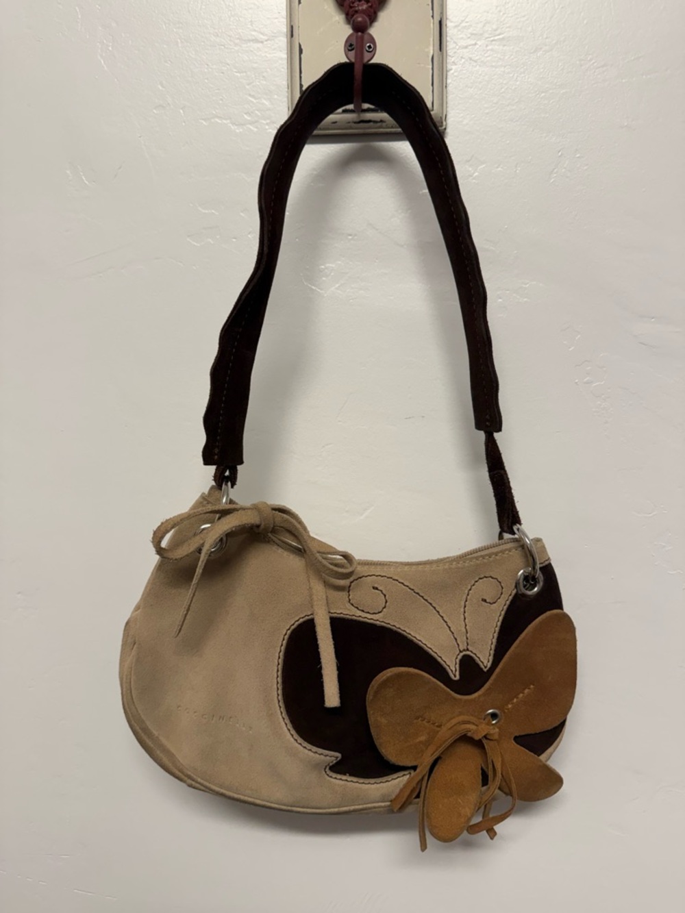 Coccinelle Vintage Beige and Brown Suede Shoulder Bag with Butterfly